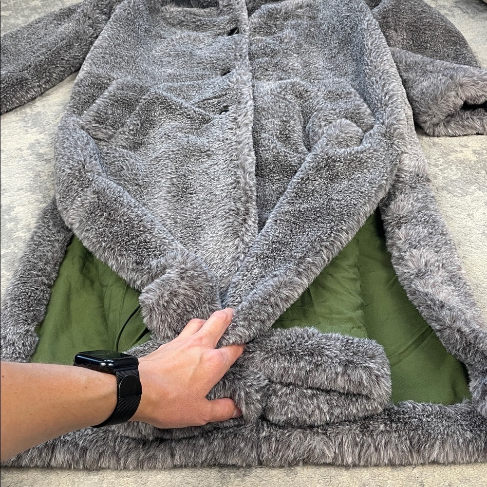 NWT Zadig & Voltaire Monacoco Faux Fur Coat Longline Trench Gray Sz L - Picture 13 of 16